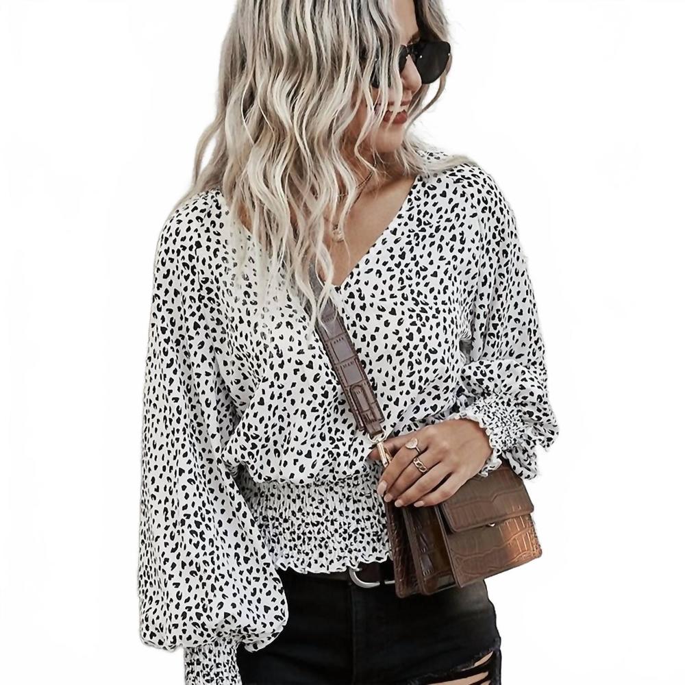 NEW MOUNTAIN VALLEY leopard v-neck smocked long sleeve blouse in white with blac